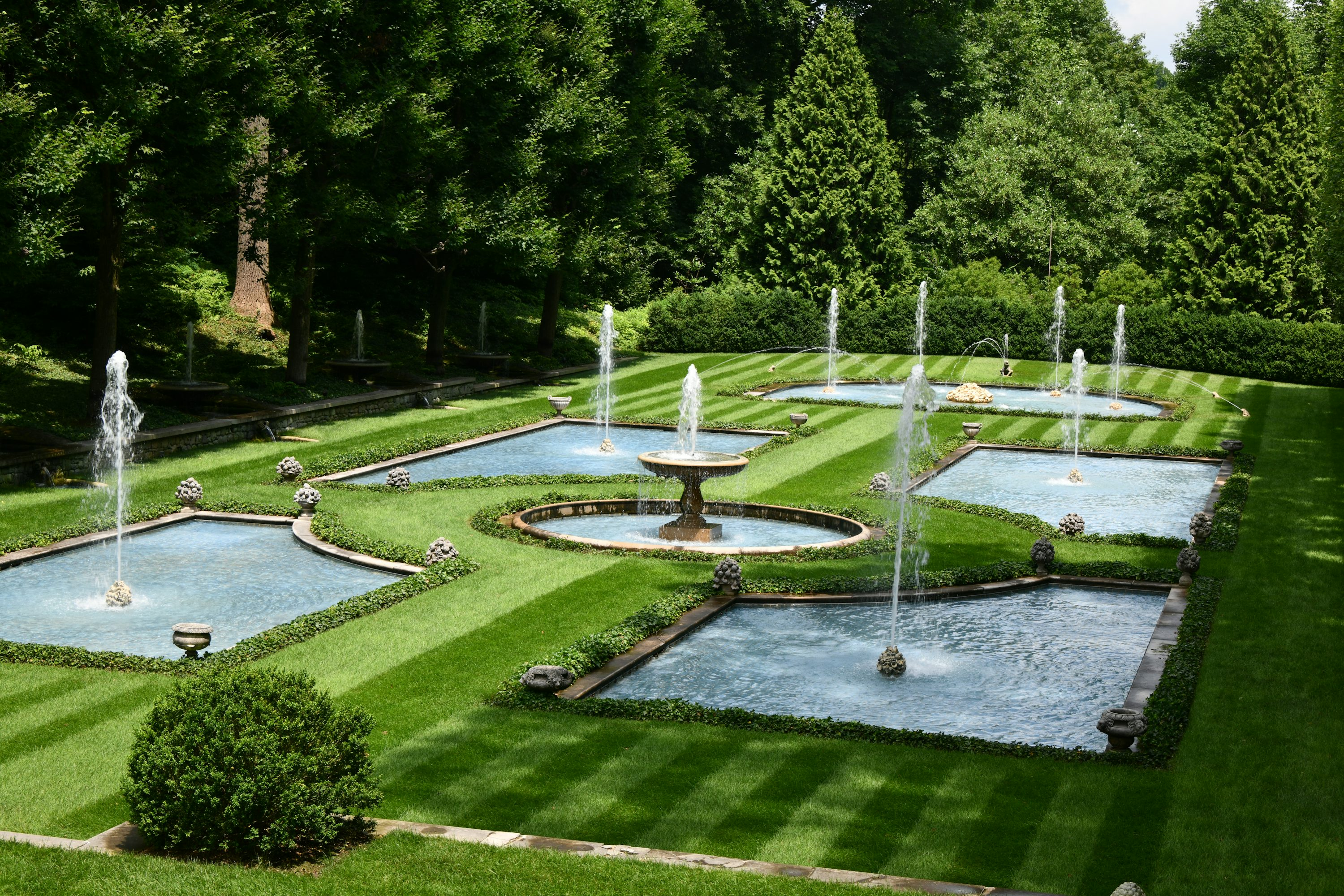 green garden with ponds and fountains